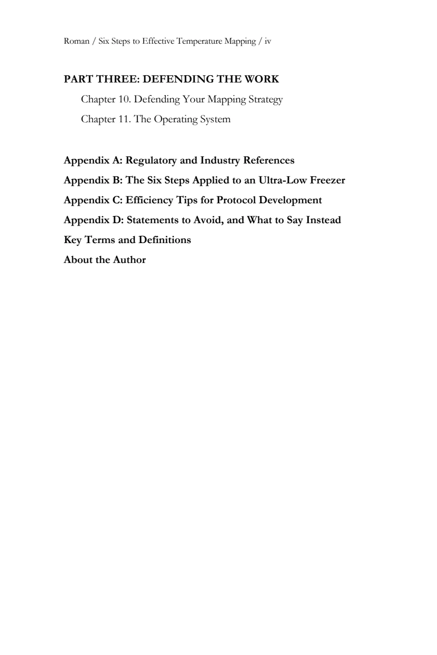 Contents, page iv: Part Three, Defending the Work, and the appendices